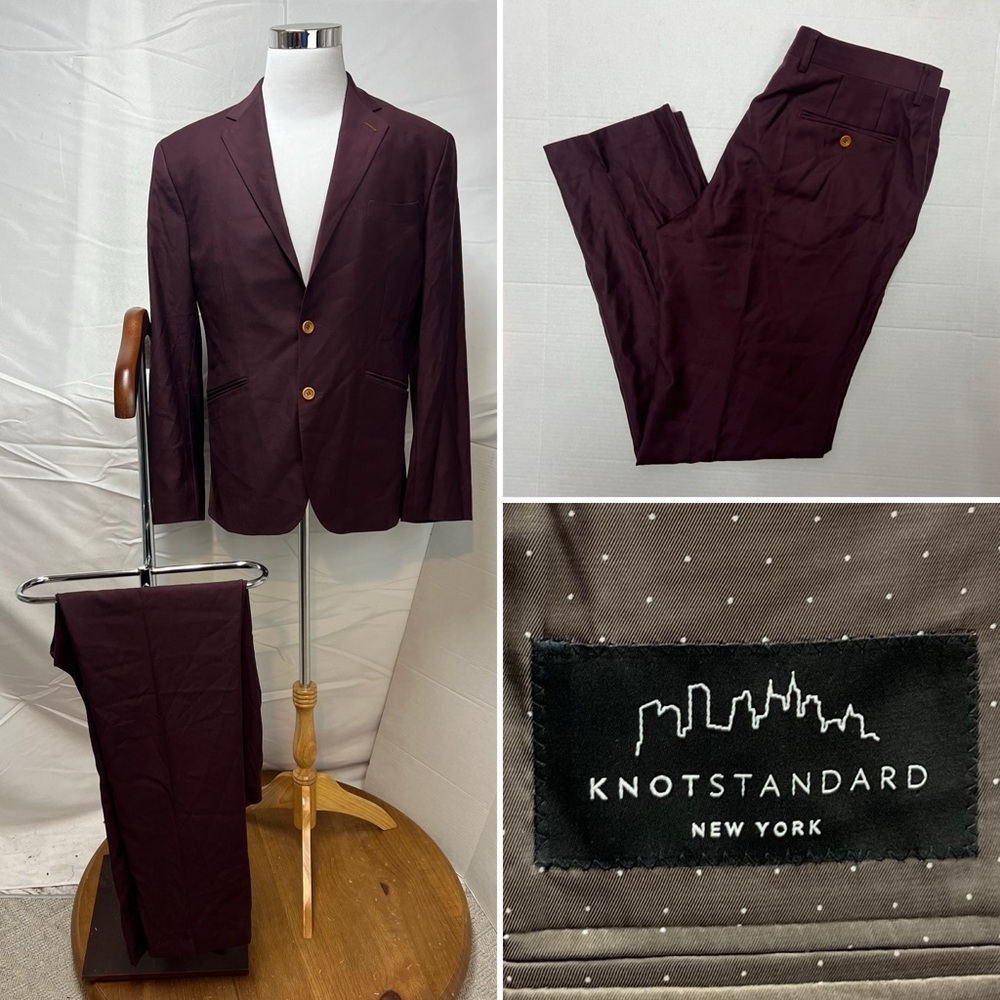 KNOT STANDARD Men's 38R Blazer Jacket 33x32 Pants Burgundy 2-Button Suit